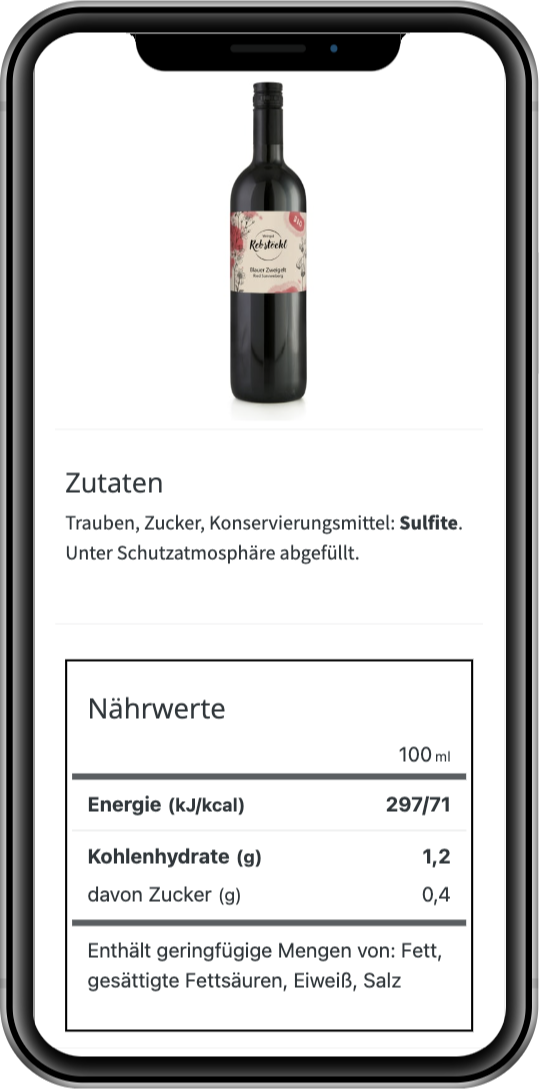 Bottlebooks E-Label mit Zutatenliste und Nährwerten